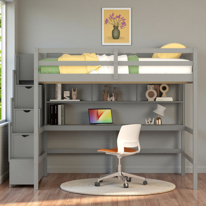 Lit mezzanine double avec bureau intégré Ghansyam par Harriet Bee, Gris
