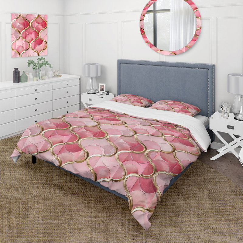 Ensemble de housse de couette rose doré à motif de quadrilobe glamour II, Housse de couette pour grand lit + 2 taies décora