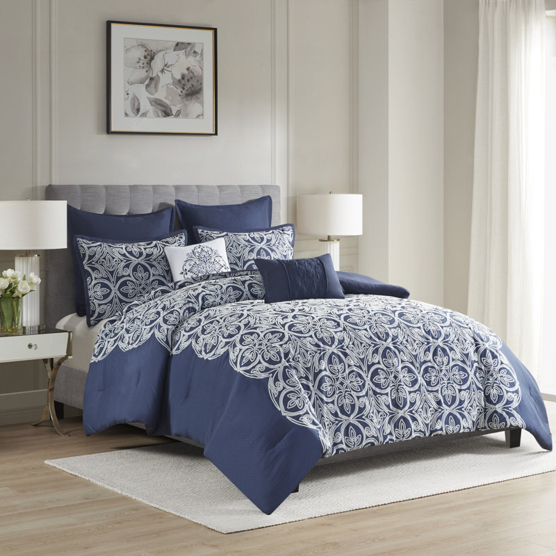 Navy Microfiber Full 7-Piece Comforter Set with Graphic Detail