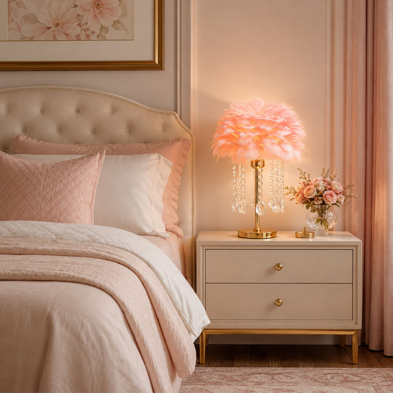 Feather Decorative Table Lamp With Gold Base, 3-color Light Bulb & Button Switch, Pink
