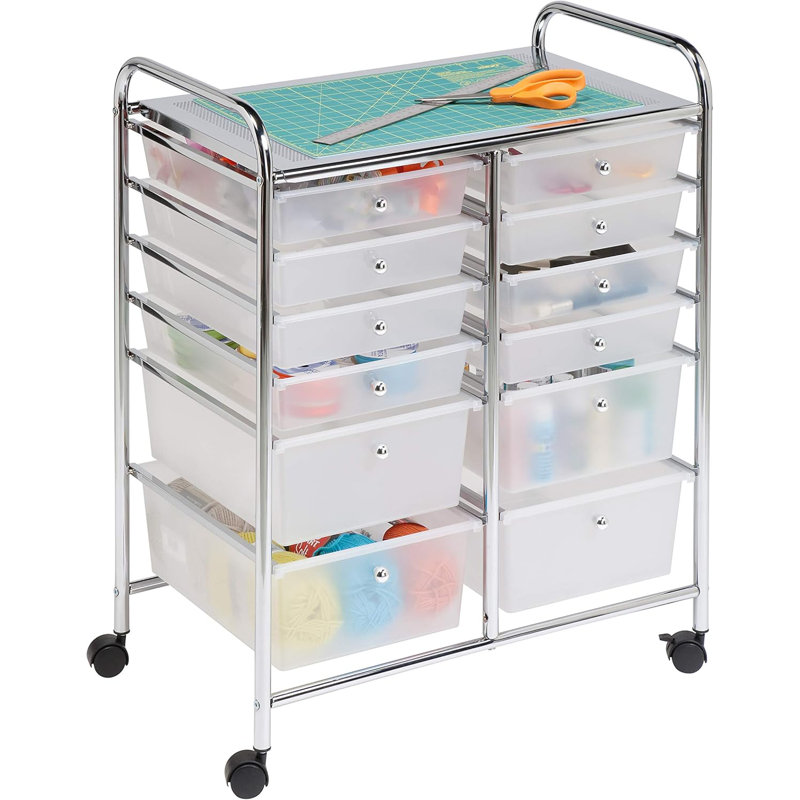 12-Drawer Rolling Storage Cart With Locking Wheels, Semi-Transparent Plastic Drawers, And Durable Work Surface For Home, Office, Or Craft Organization