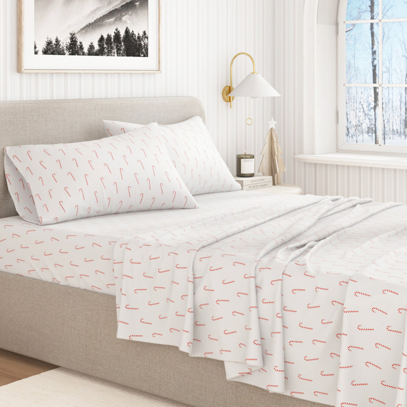 100% Turkish Cotton Flannel Christmas Sheet Sets, Candy Canes, King with 2 Pillowcases