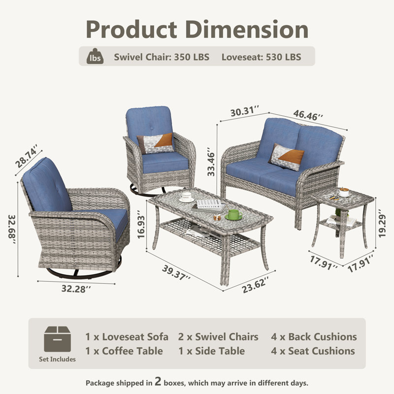 5 Pieces Patio Furniture Set, Outdoor Wicker Sofa With Swivel Chairs, Coffee Table, All Weather High Back Rattan Loveseat Couch With Comfy Cushions