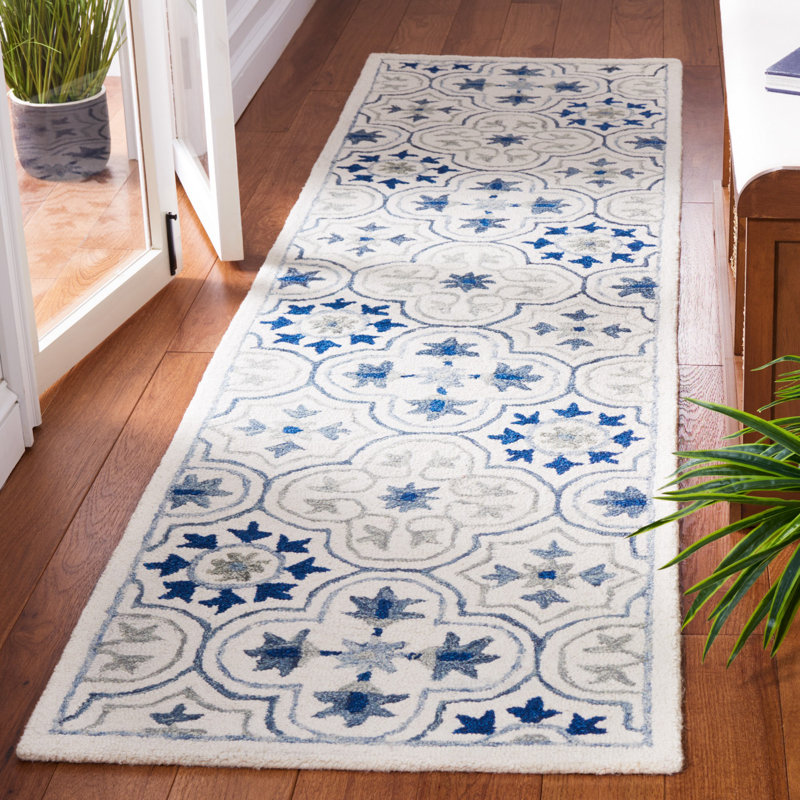 Tapis floral bleu / ivoire en laine / coton touffeté à la main Cendy, Tapis de couloir 2 pi 3 po x 9 pi