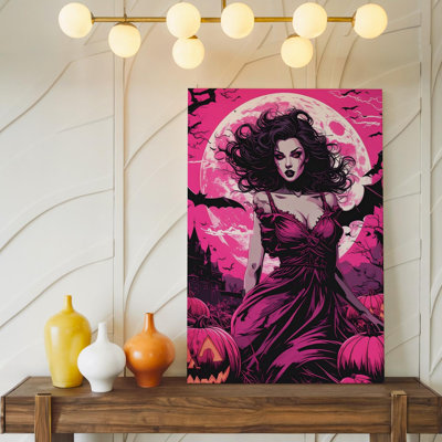 Wall Art Canvas Vampire Queen And Jack O Lanterns Gothic Comic Horror Ready To Hang Gallery Wrapped Home Decor Modern Design Premium Quality