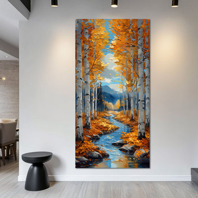  Autumn Birch Tree Wall Art, Large Vertical Landscape Wall Art - Forest Stream Canvas Prints, Modern Nature Art Wall Decor for Living Room, Birch Tree Pictures for Home Entryway Decor 16x32 In