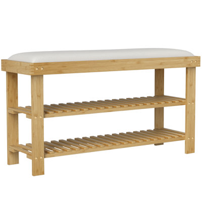 Bamboo Shoe Bench, 3-Tier Entryway Bench With Storage And Cushion, Shoe Organizer For Entryway, Hallway, Holds Up To 331 Lbs, 35.4 X 11.4 X 19.3 Inches, Cream White