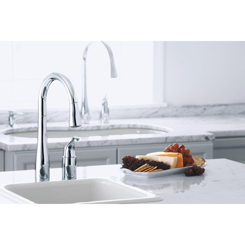 Simplice Pull-down Bar Sink Faucet with Three-function Sprayhead, Polished Chrome