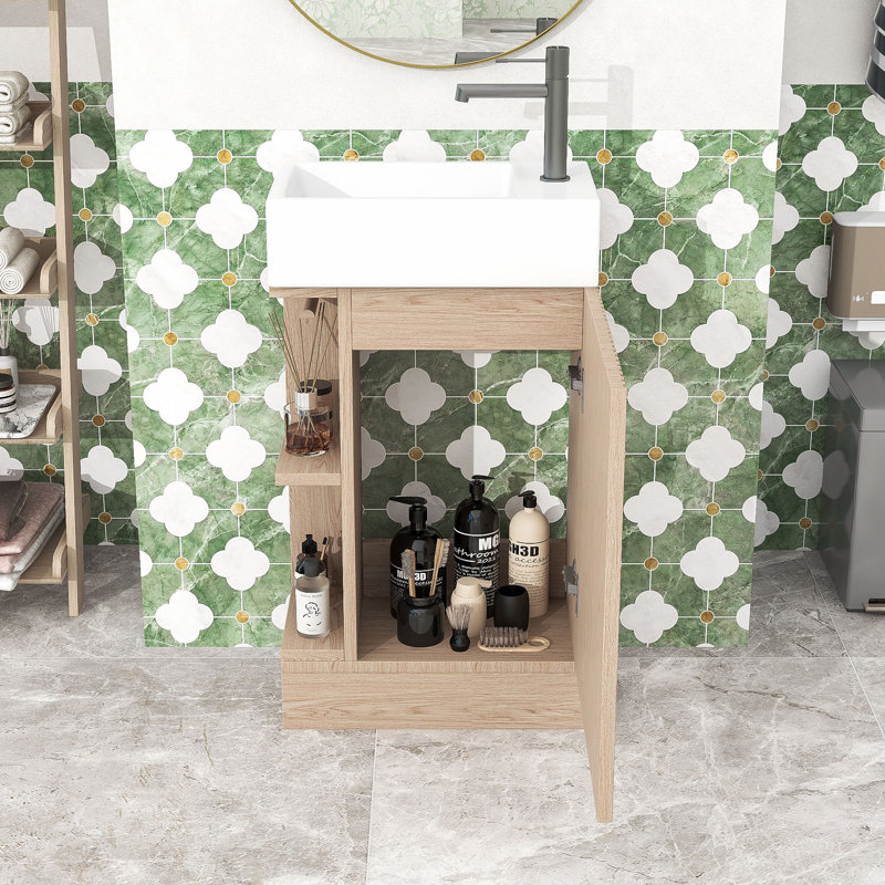 Meuble-lavabo autoportant avec lavabo en céramique, porte-papier et armoire de rangement à deux niveaux, Naturel
