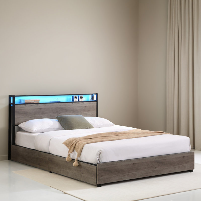Base de lit plateforme avec tiroirs et station de charge, Gris antique, Grand lit