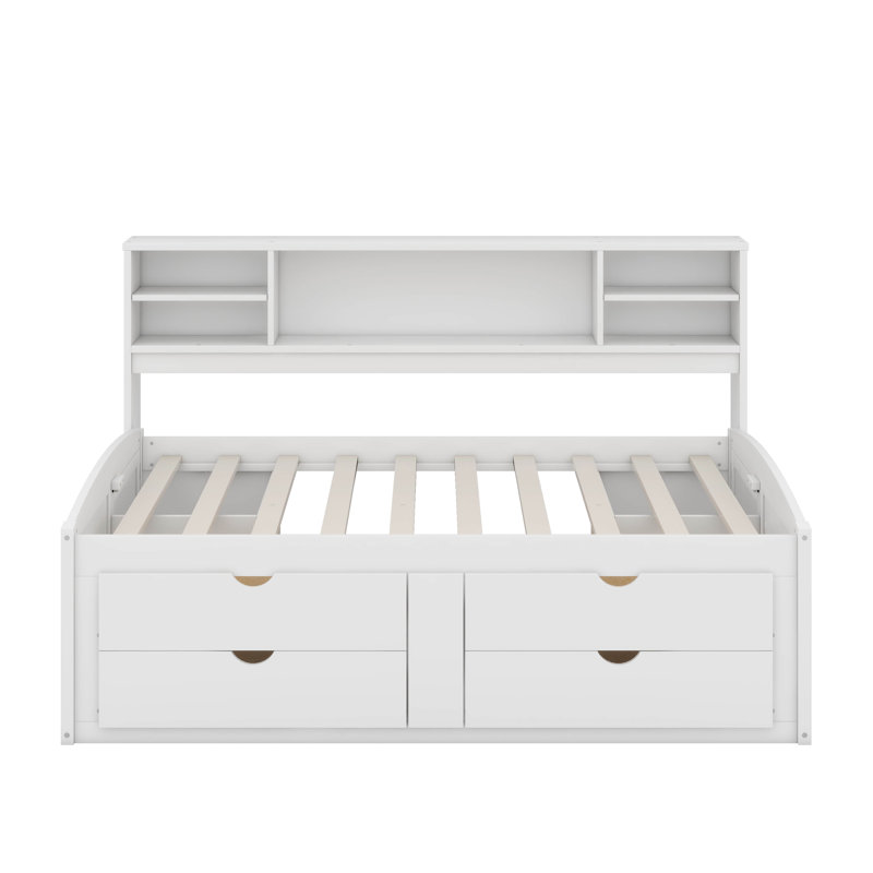 Lit de jour double en bois avec 2 tables de chevet, tablettes et tiroirs, Blanc