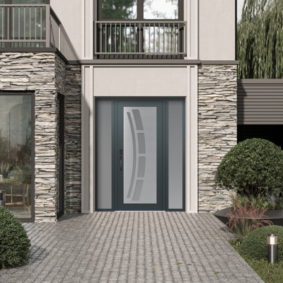 C12 Right-Hand 68 In. X 80 In. Panel Silver Steel Anthracite And Anthracite Frosted Glass With 2 Sidelites Frosted Glass Prehung Front Entry Door
