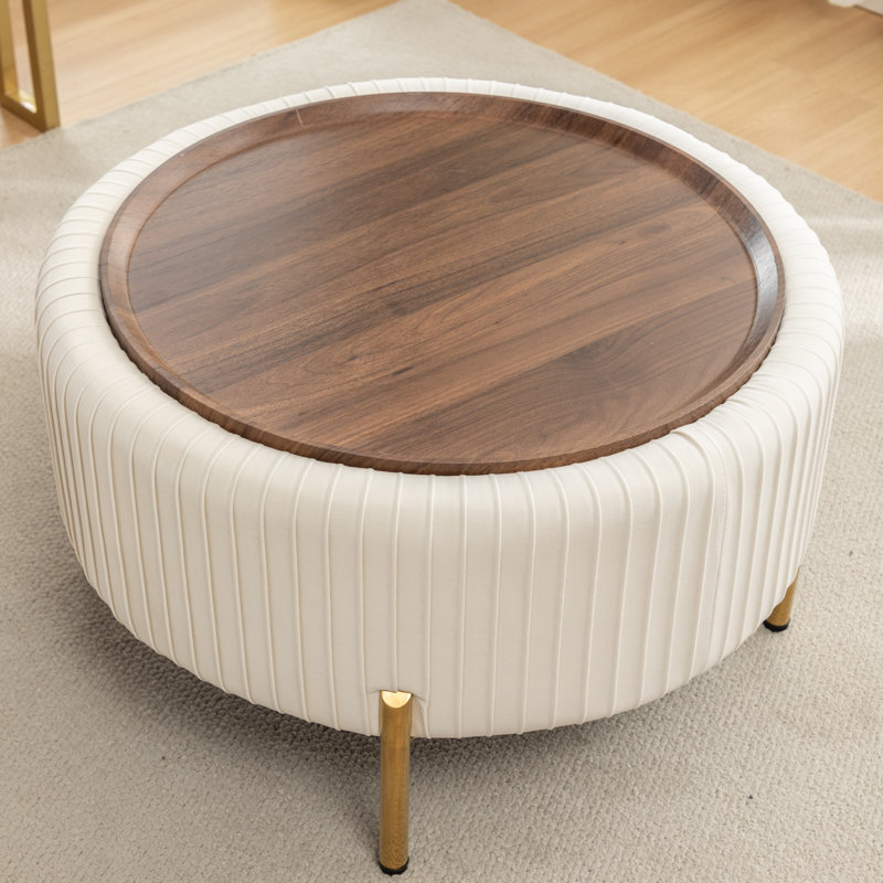 Miajah Upholstered Round Storage Ottoman, Beige