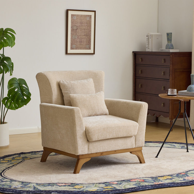 Canapé simple avec accoudoirs d'appoint en chenille de style Mid-Century moderne avec structure en bois massif, Beige