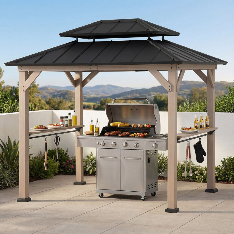 Sunjoy 2.7m X 2.1m Grill Gazebo, Wood Frame Hardtop Gazebo With Shelves Brown Roof