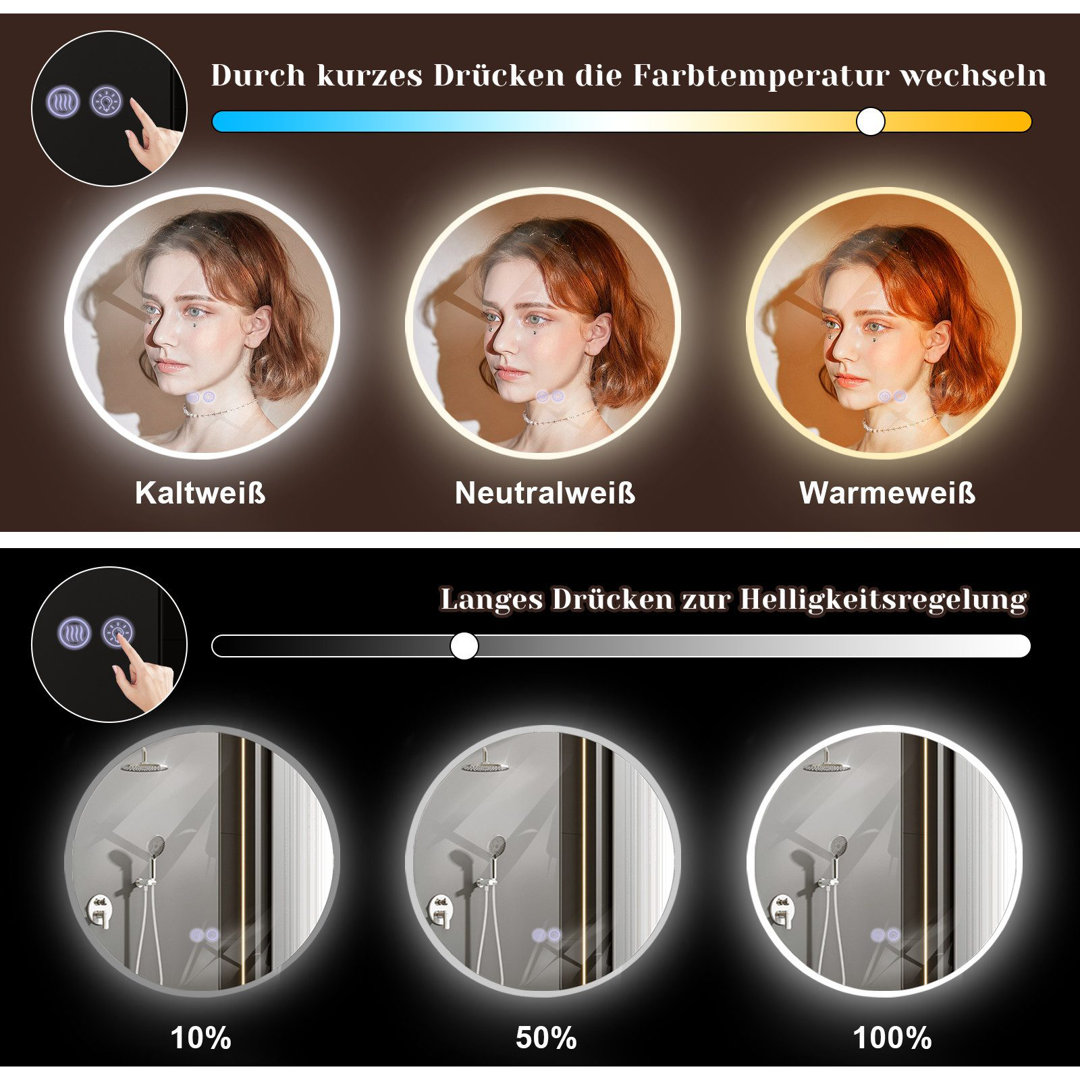 Bathroom mirror round touch with lighting dimmable 3000K-6500K wall mirror