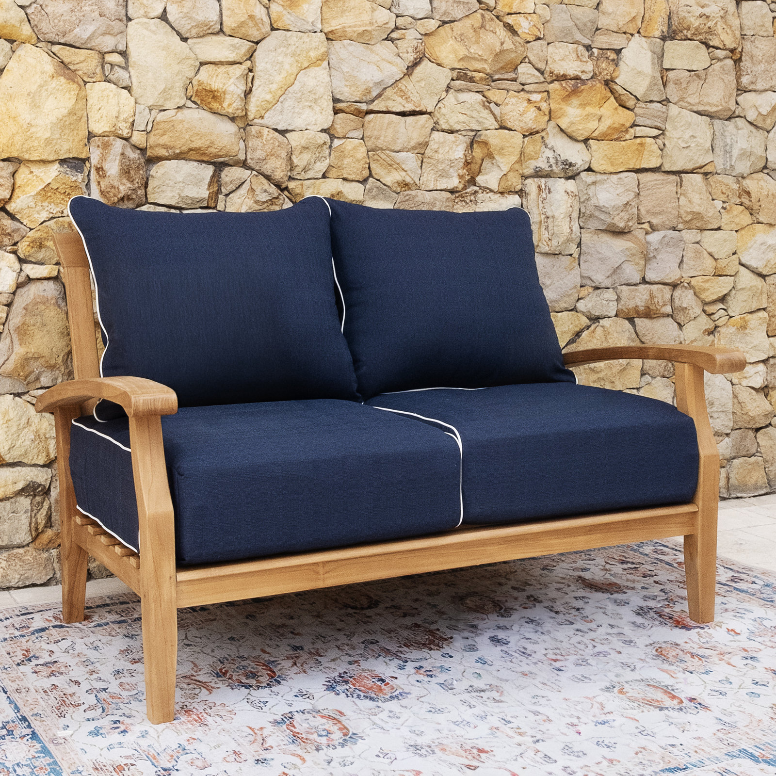 Summerton 54.25'' Wide Rectangle Teak Loveseat with Cushions, Natural, Navy White Piping