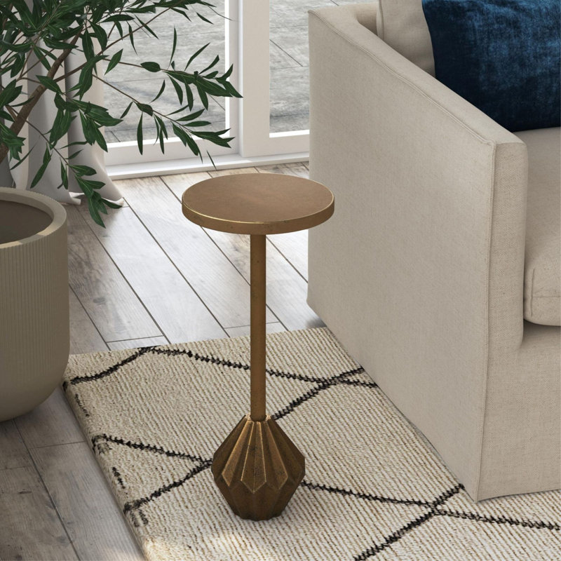 Sheryl Metal Martini Table With Geometric Base, Antique Brass/Antique Brass