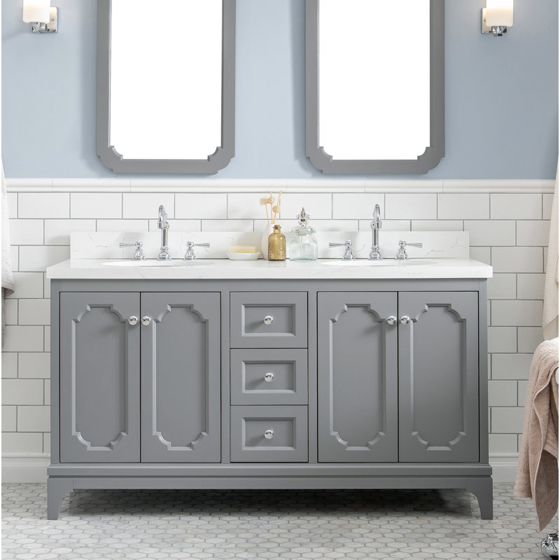 Bernardo Queen 72" Sink Carrara Quartz Countertop Bath Vanity with Faucet, Cashmere Grey, Hook, 60"