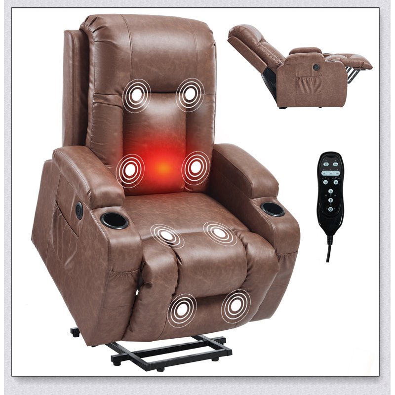 PU Infinite Position Power Lift Recliner Chair With 8-Point Vibration Massage, Lumbar Heating, USB Port, And Cup Holders For Elderly