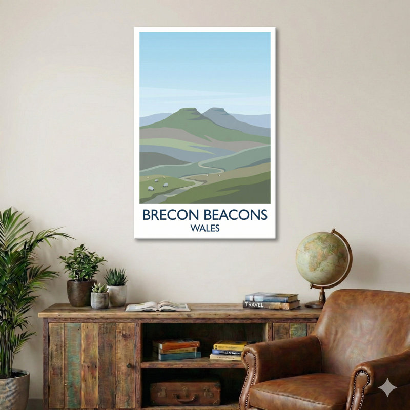 Brecon Beacons, Wales - Romantic Travel Poster Of Rolling Hills, Peaks And Winding Trails. Giclee Print On Wrapped Canvas. Wall Art, Home Decor - Regions & Scenic Areas, Wales - Wrapped Canvas Print