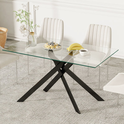 Carlinda Glass Dining Table for 4-6 People, Rectangular Kitchen Table with Cross Metal Legs, Modern Dining Table for Small Spaces