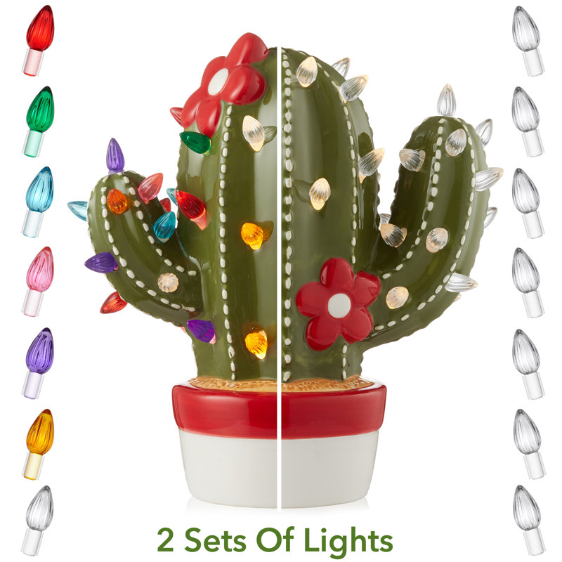 Pre-Lit Hand-Painted Ceramic Christmas Cactus with Lights