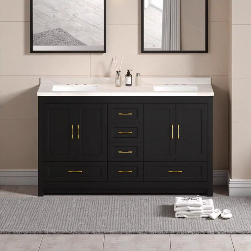 Meuble-lavabo noir 60 po avec rangement abondant - 4 portes à fermeture douce et 5 tiroirs, armoire en bois aggloméré pour salle de bain moderne
