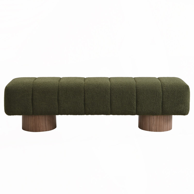 Boucle Upholstered Bench ,No-Assembly, 18" H x 64" W x 16.75" D, Green