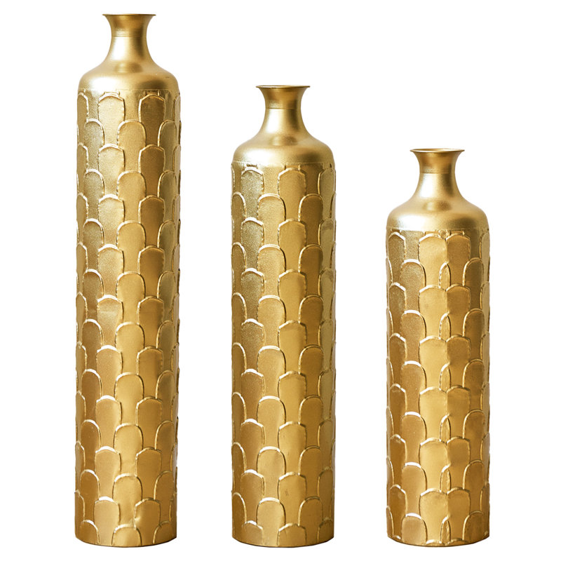 Ensemble de 3 vases de sol cylindriques en métal doré de 87 cm (34,25 pouces), décoratifs pour la maison.