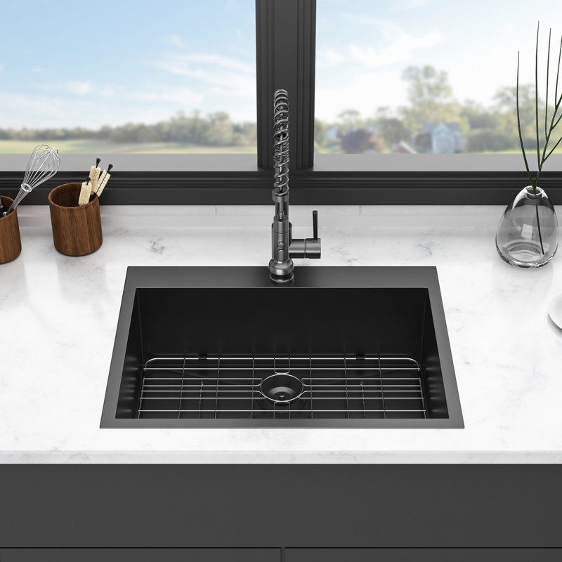 28"X22" Drop In Sink Gunmetal Black - Stainless Steel 18 Gauge, Scratch , 9" Bowl Depth, 3.5" Drain 28X22 Gauge Steel, Build, 26"X18" Interior, Depth
