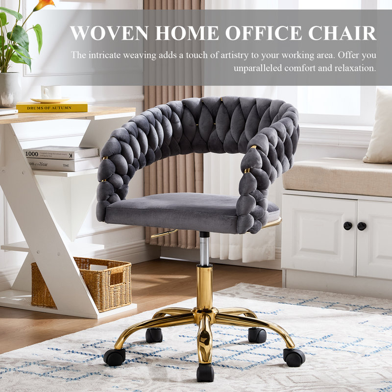 Woven Home Office Chair, Velvet Upholstered Desk Chair With Open Back, Height Adjustable Task Chair, Office Armchair With Wheels, Vanity Chair, Computer Chair For Office, Studio