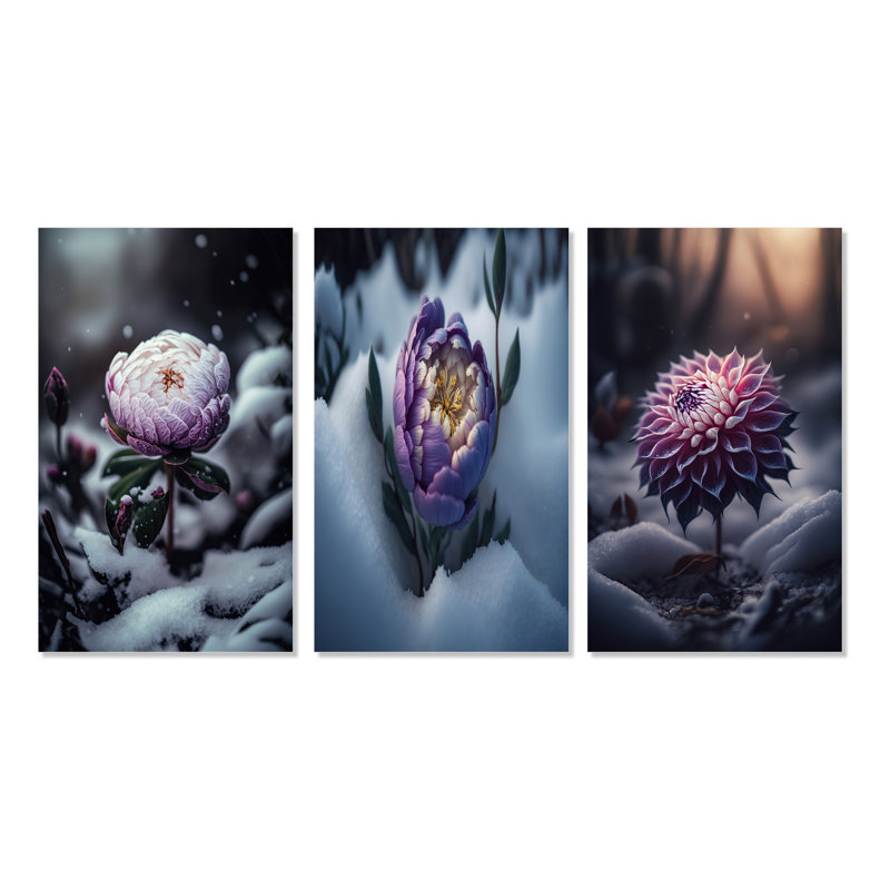 «A Blooming Puple Peony Flower in Winter», ensemble de 3 impressions, Toile tendue, H 40 po x l 60 po