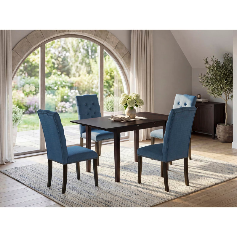 Ensemble de table de salle à manger rectangulaire en bois massif avec plateau papillon, Noir, Bleu