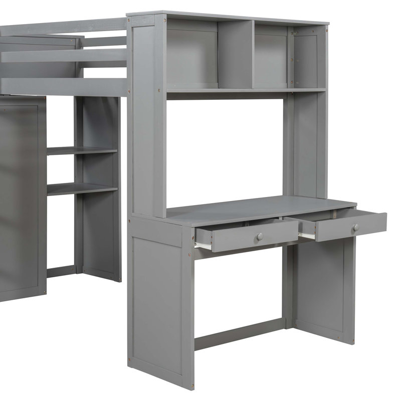 Lit mezzanine simple avec lit autonome, tablettes, bureau et garde-robe, Grey