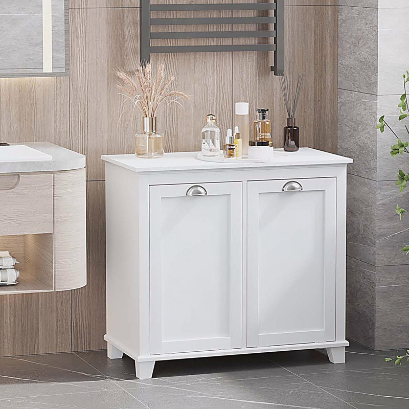 Dual Tilt out Laundry Hamper Cabinet, Bathroom Storage Cabinet with 2-Compartment Hamper, Modern  Floor Cabinet for Washroom,