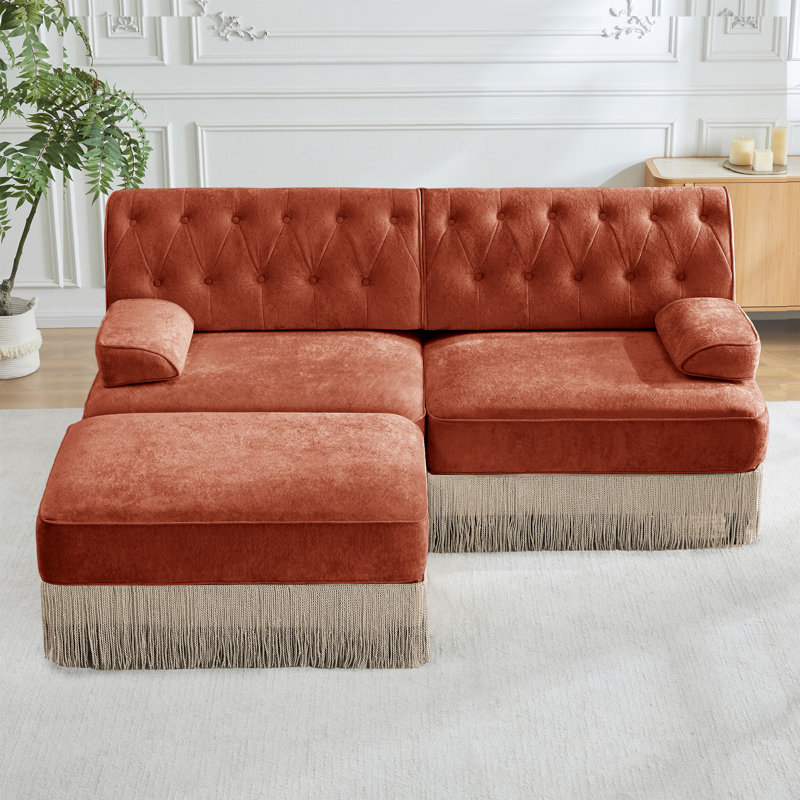 76.6" Velvet Upholstered Chesterfield Sectional Sofa with Tassel Fringe Skirt and a Movable Ottoman, Red Brown Velvet