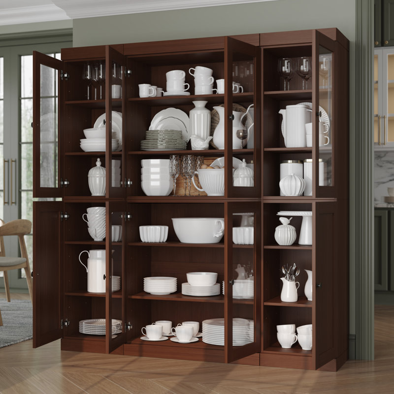 Vaisselier 100% bois massif 65 po avec verre transparent, portes Shaker et tablettes réglables, Moka