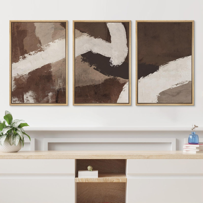 " Modern Earth Tone Abstract Illustration Modern Art Decor Zen " 3 - Pieces on Canvas, H 36 po x l 24 po x P 1,5 po, Naturel