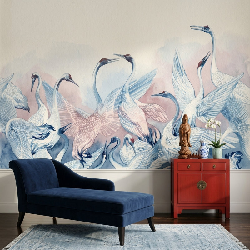 Aquarelle oiseaux, papier peint grues, rose pastel, Non tissé, 200"x120"