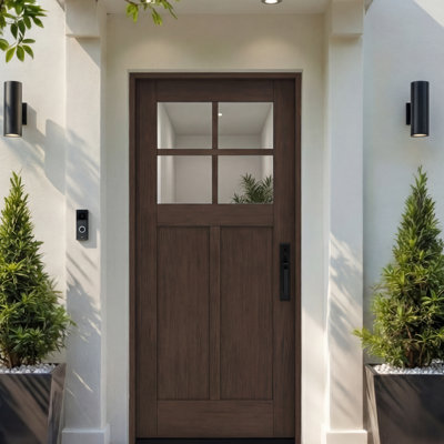 CRF-P2G4-SW-80 | 80" Single Door, RTA Prehung Exterior, SDL 4 Lite, 2 Panel, Unfinished Mahogany Wood