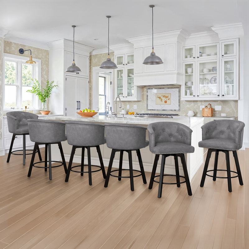 Swivel Counter Stool With Upholstered Seat And Metal Frame,Set Of 6, Gray
