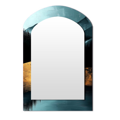 Minimal Forest And Peaks Solitude Horizon II - Landscapes Asymmetrical Decorative Mirror, Modern Arch Wall Mirror, Printed Metal Art
