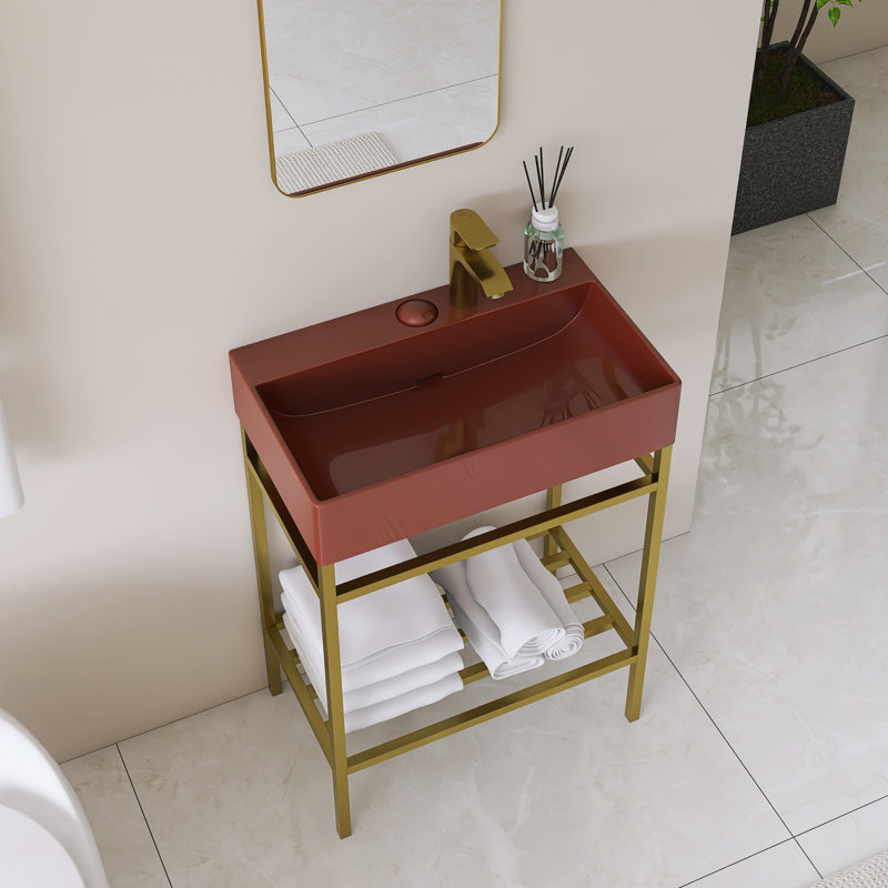 Meuble-lavabo simple autoportant 24 po avec plateau en céramique intégré, Doré, Rouge