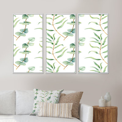 Feuilles d'eucalyptus sur fond blanc I - Ensemble de 3 toiles d'art encadrées traditionnelles
