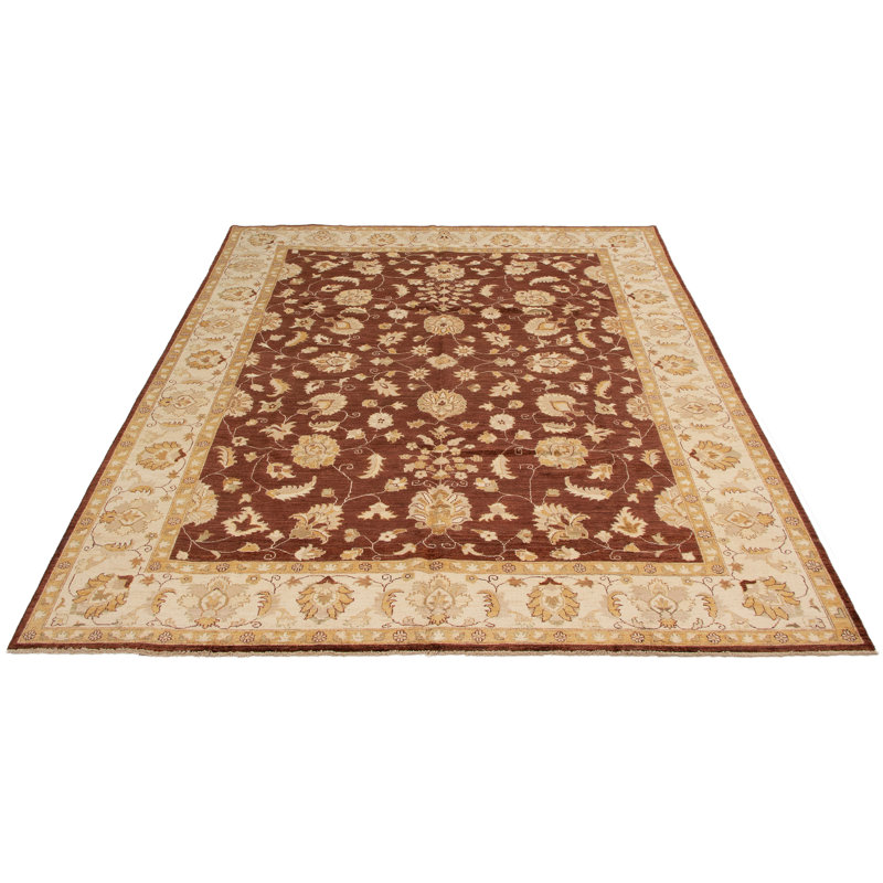 Tapis zone en laine beige/brun foncé 9 pi x 12 po main-of-kind-noué la 2010 ushak Rahma