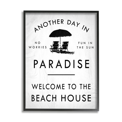 «L'autre jour au paradis», signe de la maison de plage, parapluie encadré blanc, art texturé par Daphne Polselli