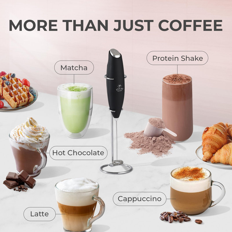 Black Modern Handheld Electric Milk Frother with Stand