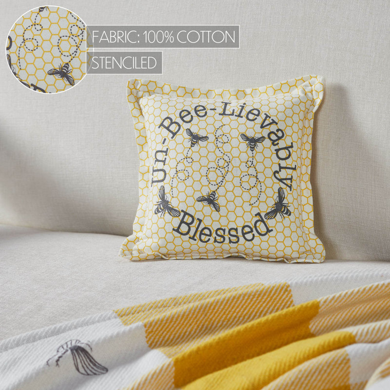 Vintage Yellow Cotton Square Throw Pillow with Bee Design