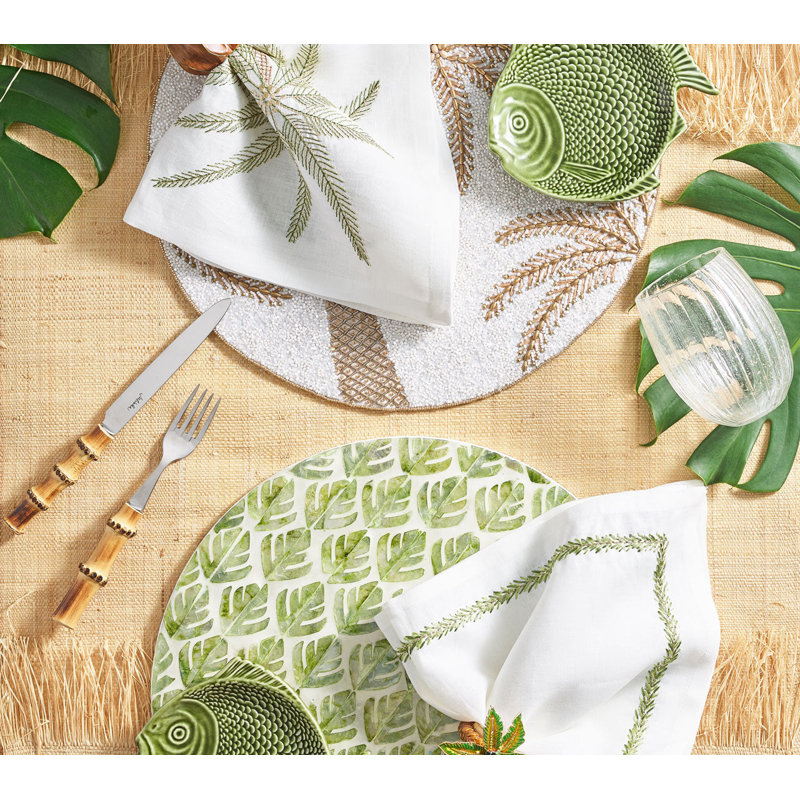 Palm Coast Linen Napkin, White/Green/Gold